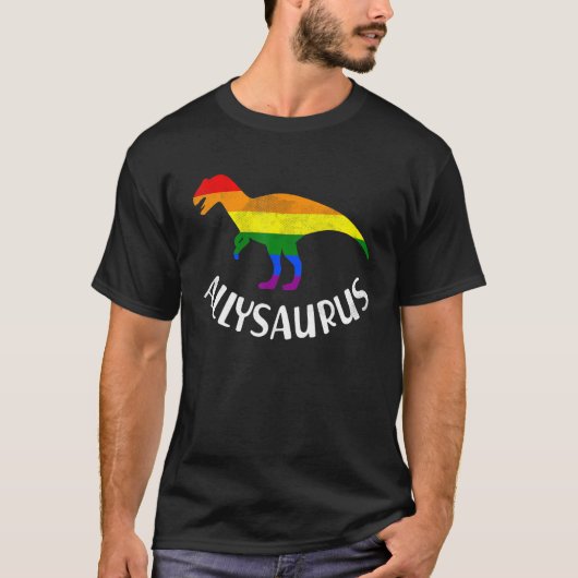 アリサウルスLGBTQプライドレインボーフラッグ恐竜P Tシャツ (正面)