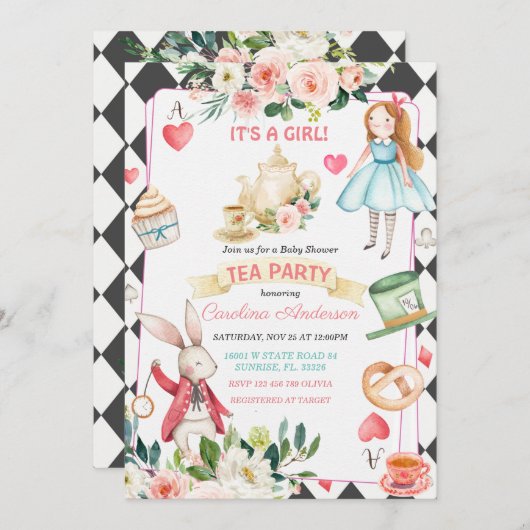 アリスとうさぎのお茶のパーティーシャワー 招待状 (正面/裏面)