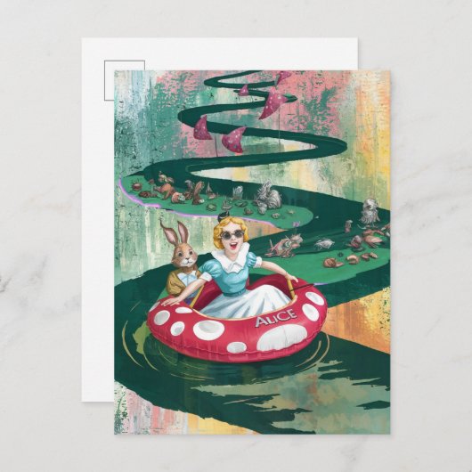 アリスとウサギのレトロなコラージュのアート ポストカード (正面/裏面)