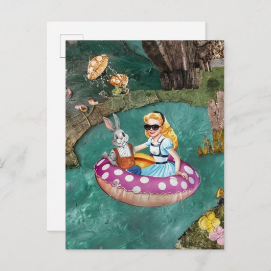 アリスとグレー・ラビットのレトロなコラージュ・アート ポストカード (正面/裏面)