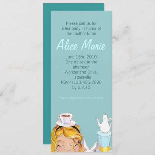 アリスのお茶会のベビーかブライダルシャワーの青 招待状 (正面/裏面)