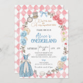 アリスの不思議な世界、女の子の1歳の誕生日パーティー 招待状 (正面/裏面)