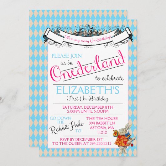 アリスインオネダーランドファースト誕生日招待状 招待状 (正面/裏面)