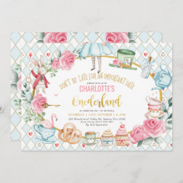 アリスインオネダーランドブルーピンク誕生日ティーパーティー 招待状