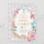 アリスインオネダーランド誕生日不機嫌ティーパーティー紫 招待状 (正面/裏面)