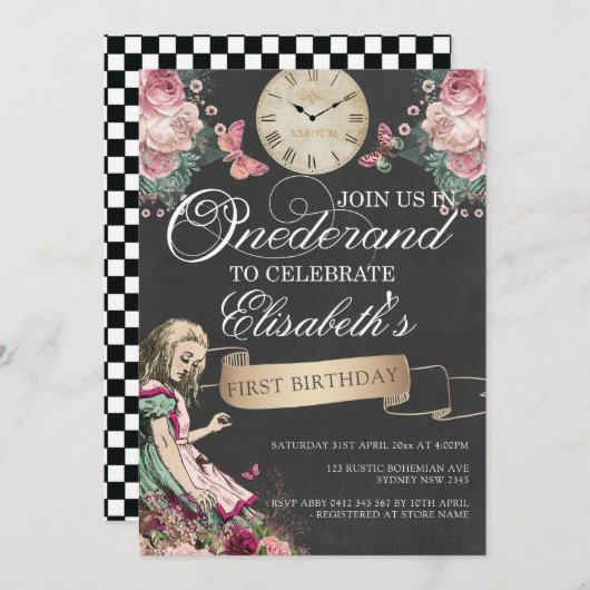 アリスインダーランドファースト誕生日 招待状 (正面/裏面)