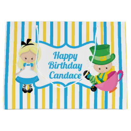 アリスインワンダーランドかわいいカスタム子供の誕生日ガール ラージペーパーバッグ