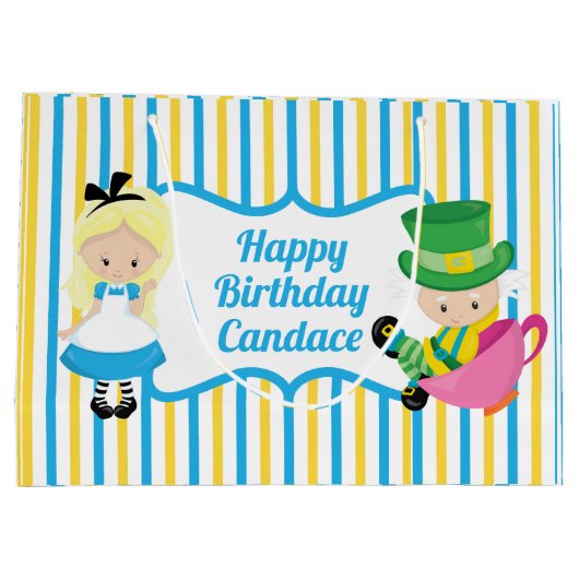 アリスインワンダーランドかわいいカスタム子供の誕生日ガール ラージペーパーバッグ (裏面)