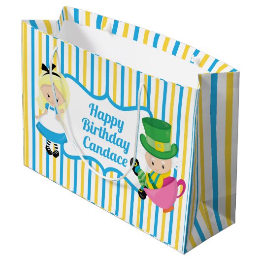 アリスインワンダーランドかわいいカスタム子供の誕生日ガール ラージペーパーバッグ (裏面アングル)