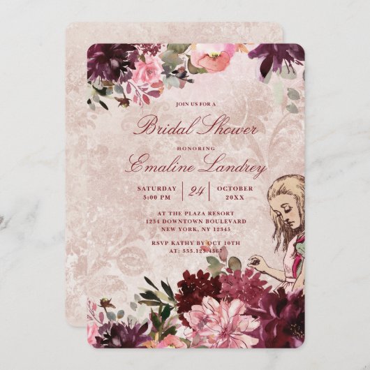 アリスインワンダーランドエレガントウェディングブライダルシャワー 招待状 (正面/裏面)