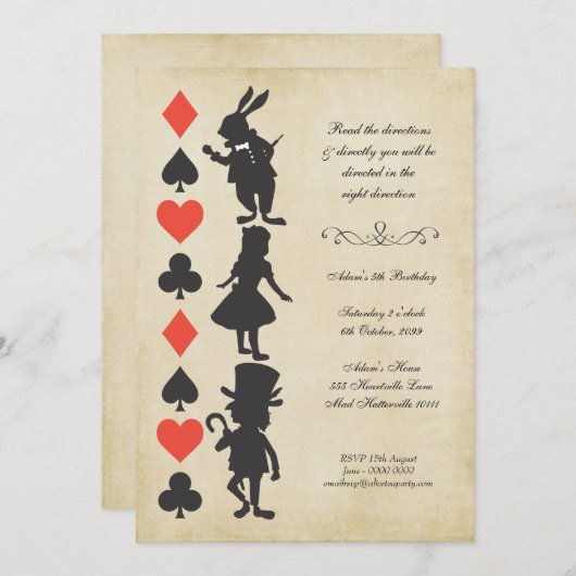 アリスインワンダーランドカードティーパーティー誕生日 招待状 (正面/裏面)