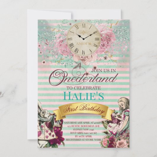 アリスインワンダーランドシャルボードファースト誕生日 招待状 (正面)