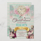 アリスインワンダーランドシャルボードファースト誕生日 招待状 (正面/裏面)