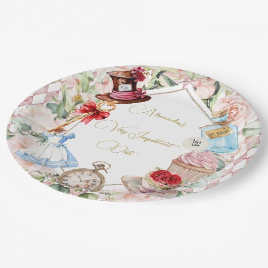 アリスインワンダーランドテーマフローラピンクパーソナル ペーパープレート (アングル)