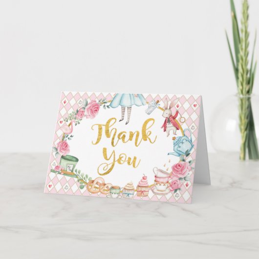 アリスインワンダーランドピンク金ゴールド誕生日ティーパーティー サンキューカード (正面)