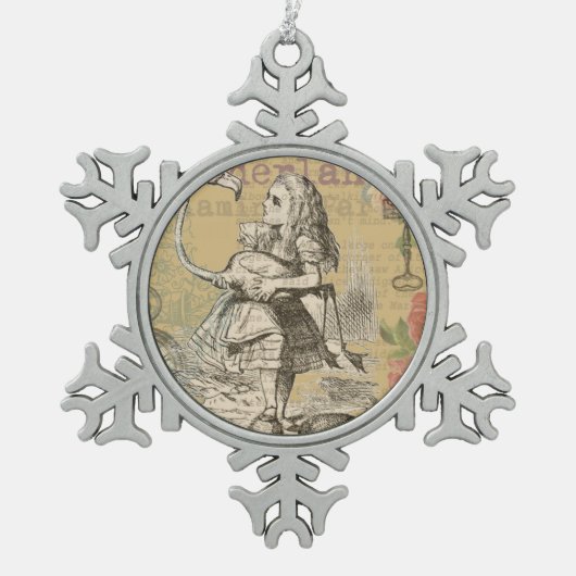 アリスインワンダーランドフラミンゴクラシック スノーフレークピューターオーナメント (正面)