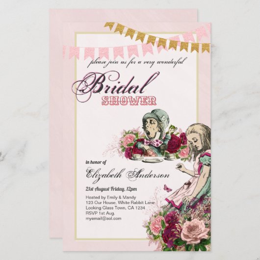 アリスインワンダーランドブライダルシャワーティーパーティー招待状 (正面/裏面)