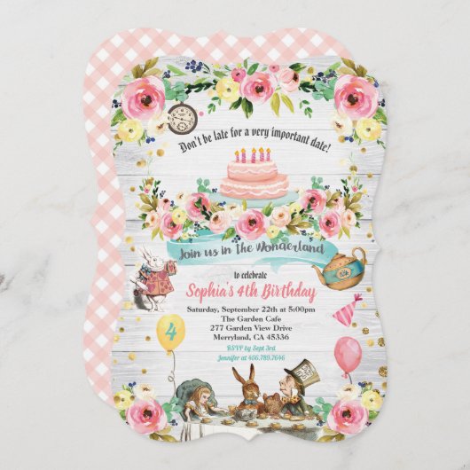 アリスインワンダーランドベビー誕生日招待 招待状 (正面/裏面)