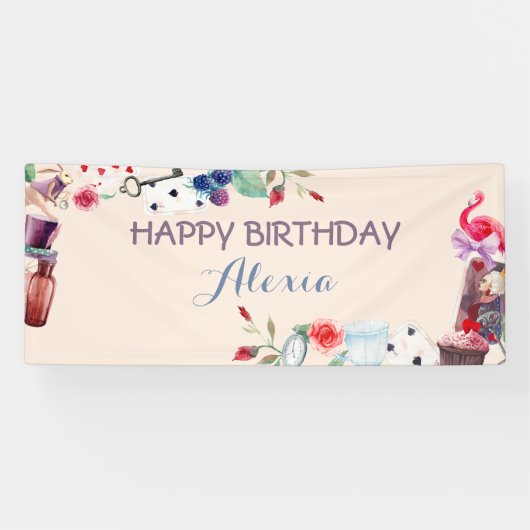 アリスインワンダーランドラビットティー鍵クロックバラ 横断幕 (横)