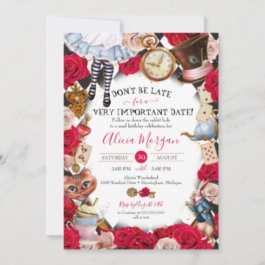 アリスインワンダーランド不機嫌ティーパーティー誕生日 招待状 (正面)