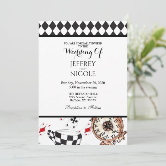 アリスインワンダーランド市松模様に結婚式招待状 招待状 (スタンド正面)