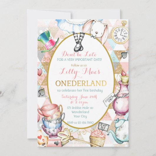 アリスインワンダーランド招待状ファースト誕生日 招待状 (正面)