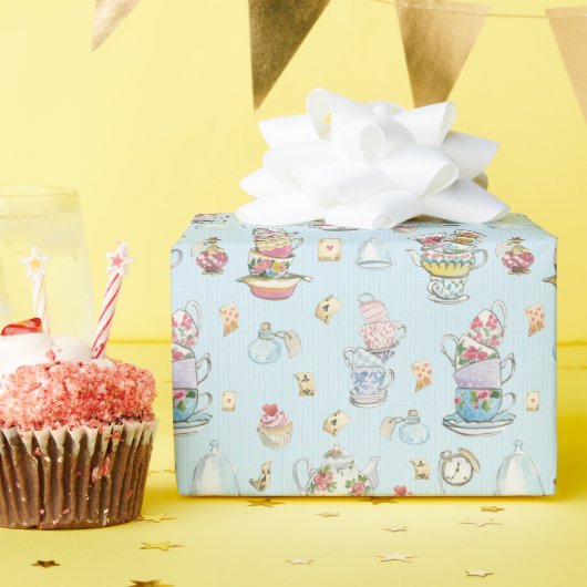 アリスインワンダーランド水彩青ストライプ色 ラッピングペーパー (誕生日パーティー)