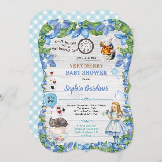 アリスインワンダーランド男の赤ちゃんシャワー招待 招待状 (正面/裏面)