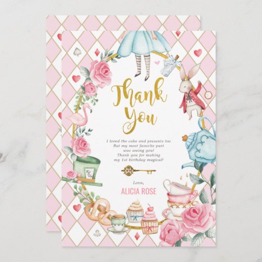 アリスインワンダーランド誕生日ティーサンキューカード 招待状 (正面/裏面)