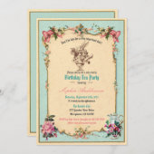 アリスインワンダーランド誕生日パーティーの招待ティール（緑がかった色） 招待状 (正面/裏面)