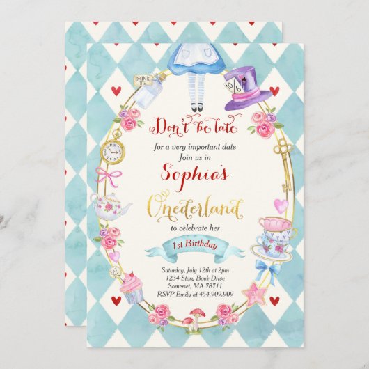 アリスインワンダーランド誕生日招待状ティーパーティー 招待状 (正面/裏面)