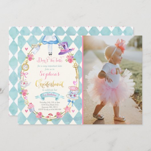 アリスインワンダーランド誕生日招待状茶パーティー 招待状 (正面/裏面)