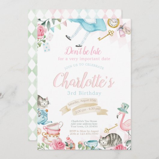 アリスインワンダーランド誕生日 招待状 (正面/裏面)