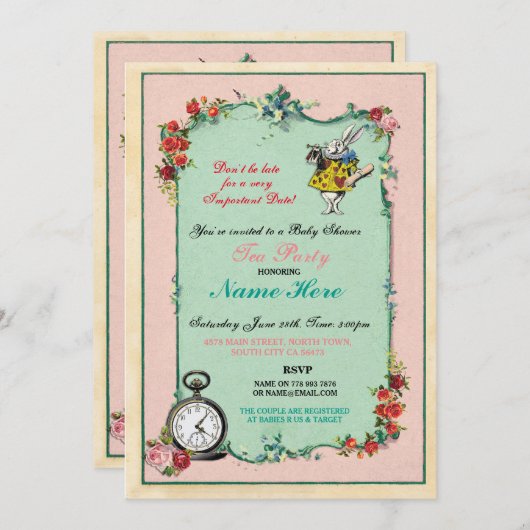 アリスインワンダーランド赤ちゃんシャワーピンク招待状 招待状 (正面/裏面)