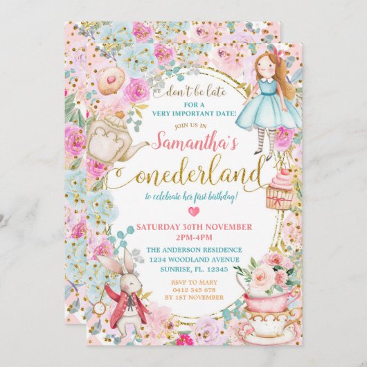 アリスティーパーティーファースト誕生日インビタお洒落ット 招待状 (正面/裏面)