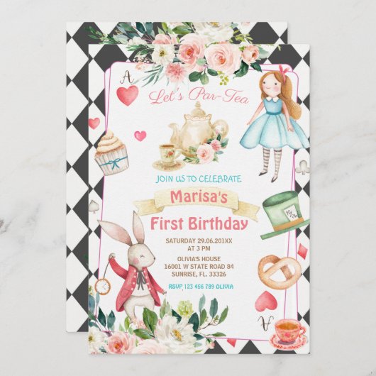 アリスパーティーフローラティー誕生日ガール  招待状 (正面/裏面)