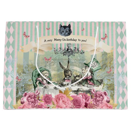 アリスブルーお洒落フローラストライプの誕生日 ラージペーパーバッグ (正面)