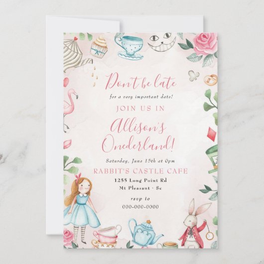 アリスワンダーランドパー茶ガール最初の誕生日パーティー 招待状 (正面)