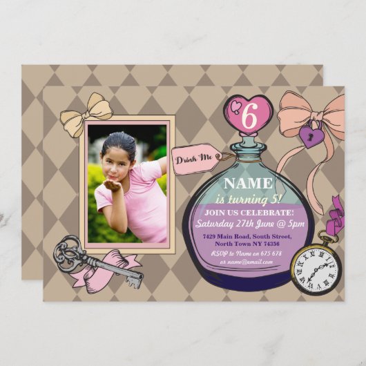 アリスワンダーランド誕生日フォト招待状 招待状 (正面/裏面)