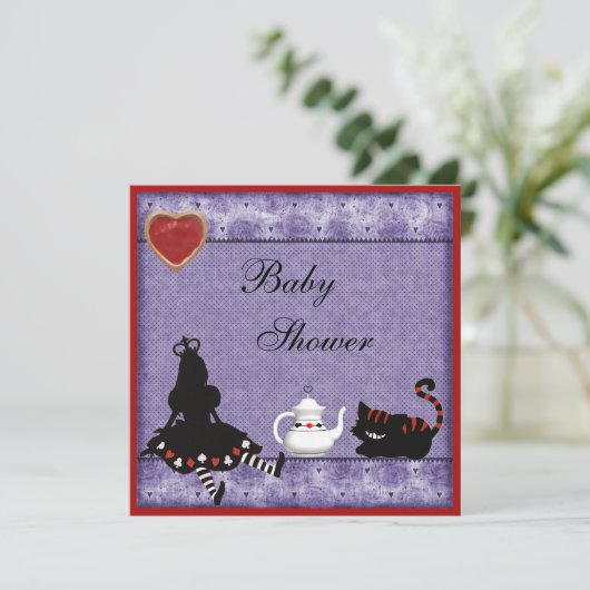 アリス及びチェシャー猫のベビーシャワーのお茶会の招待 招待状 (スタンド正面)