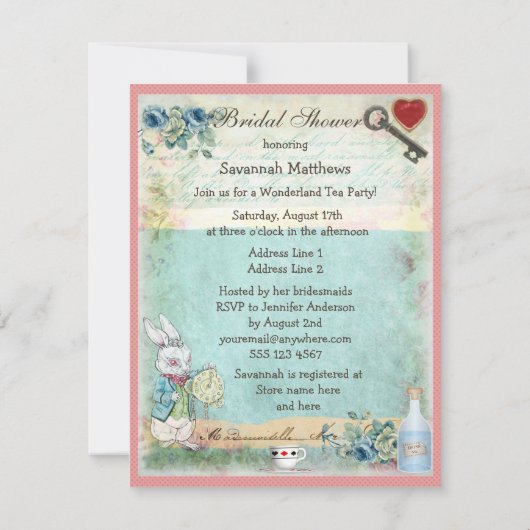 アリス及びピンクのフラミンゴのブライダルシャワー 招待状 (裏面)