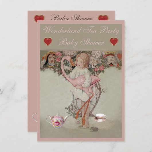 アリス及びピンクのフラミンゴのベビーシャワーのお茶会 招待状 (正面/裏面)