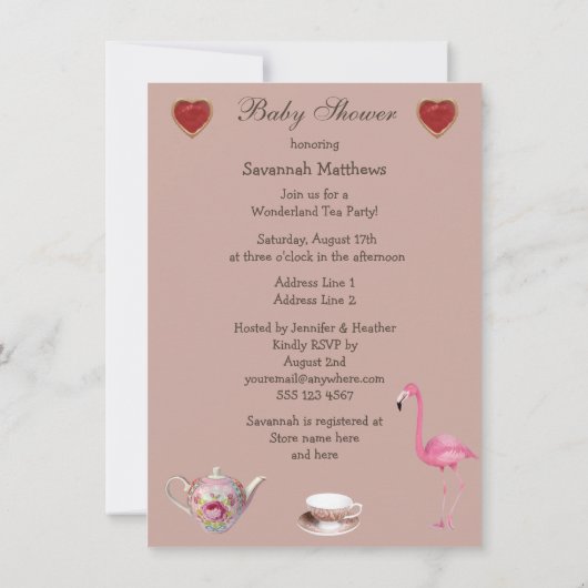 アリス及びピンクのフラミンゴのベビーシャワーのお茶会 招待状 (裏面)