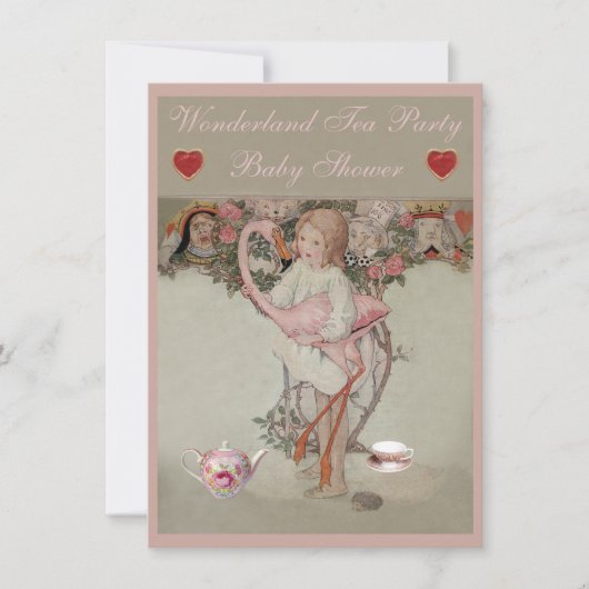 アリス及びピンクのフラミンゴのベビーシャワーのお茶会 招待状 (正面)