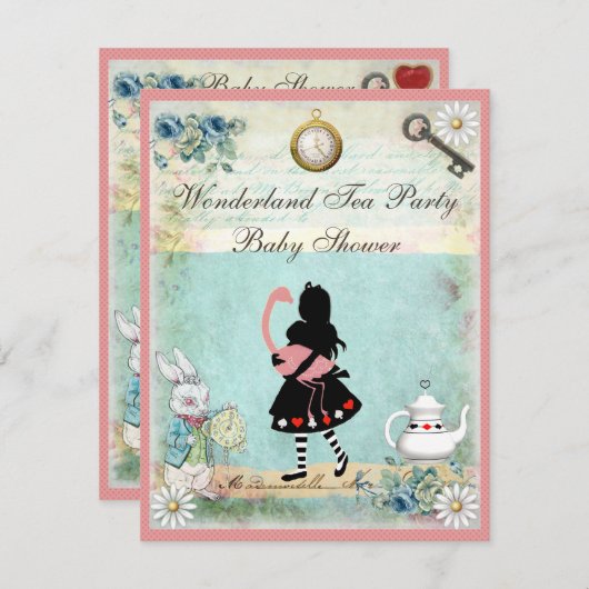 アリス及びピンクのフラミンゴのベビーシャワー 招待状 (正面/裏面)