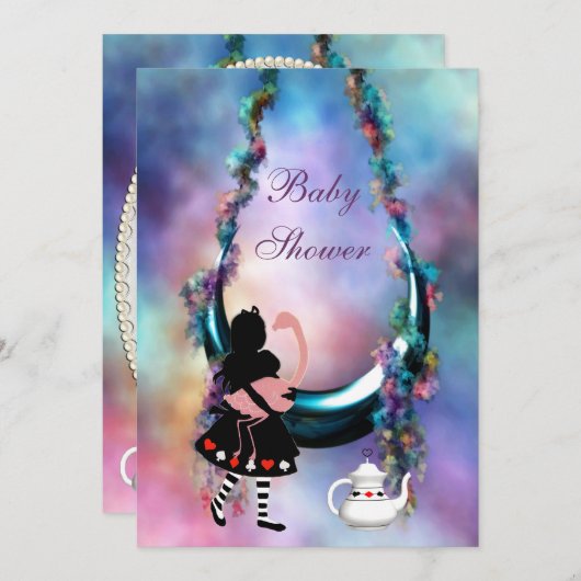 アリス及びフラミンゴのぶら下がったな月のベビーシャワー 招待状 (正面/裏面)