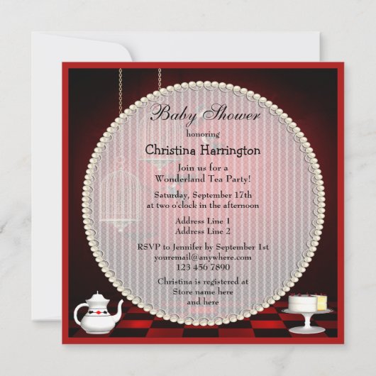 アリス及びフラミンゴの鳥及びおりのベビーシャワー 招待状 (裏面)