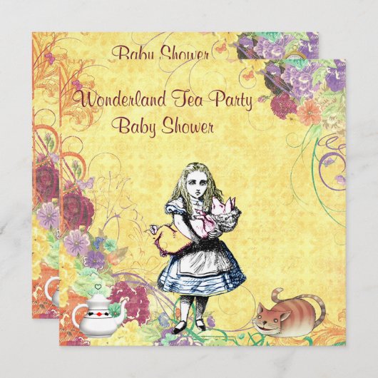 アリス及びブタのベビーの不思議の国のお茶会のベビーシャワー 招待状 (正面/裏面)