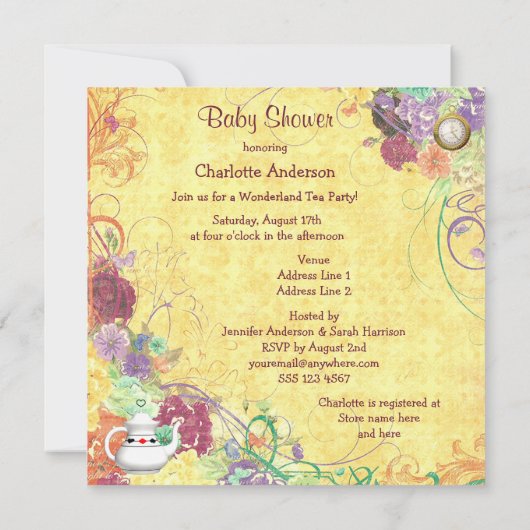 アリス及びブタのベビーの不思議の国のお茶会のベビーシャワー 招待状 (裏面)