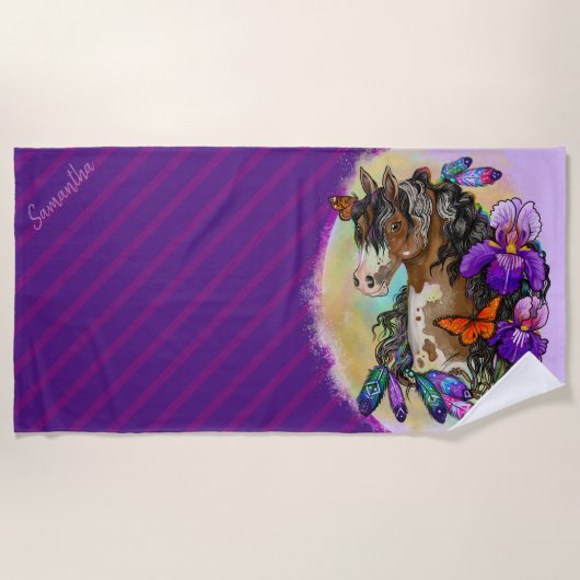 アリス絵を描トと蝶と馬のマスタング ビーチタオル (正面)